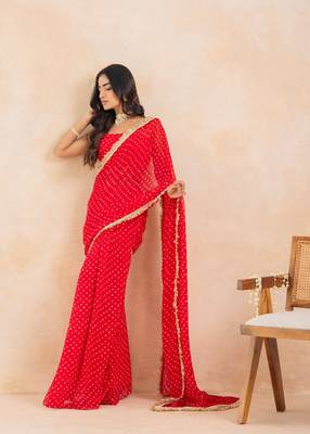 red bandhej pre-draped saree set 4