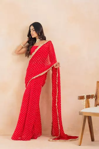 Red bandhej pre-draped saree set