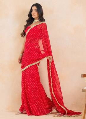 red bandhej pre-draped saree set 5