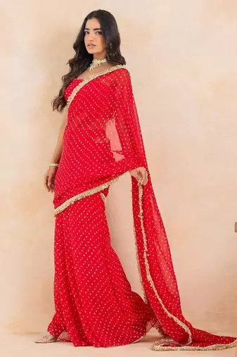 Red bandhej pre-draped saree set