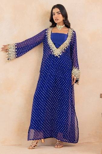 Blue bandhej mirror embroidered kurta set