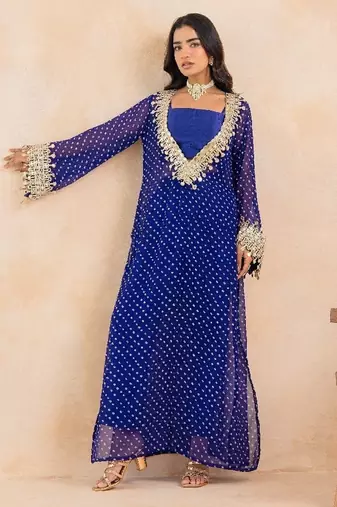 Blue bandhej mirror embroidered kurta set