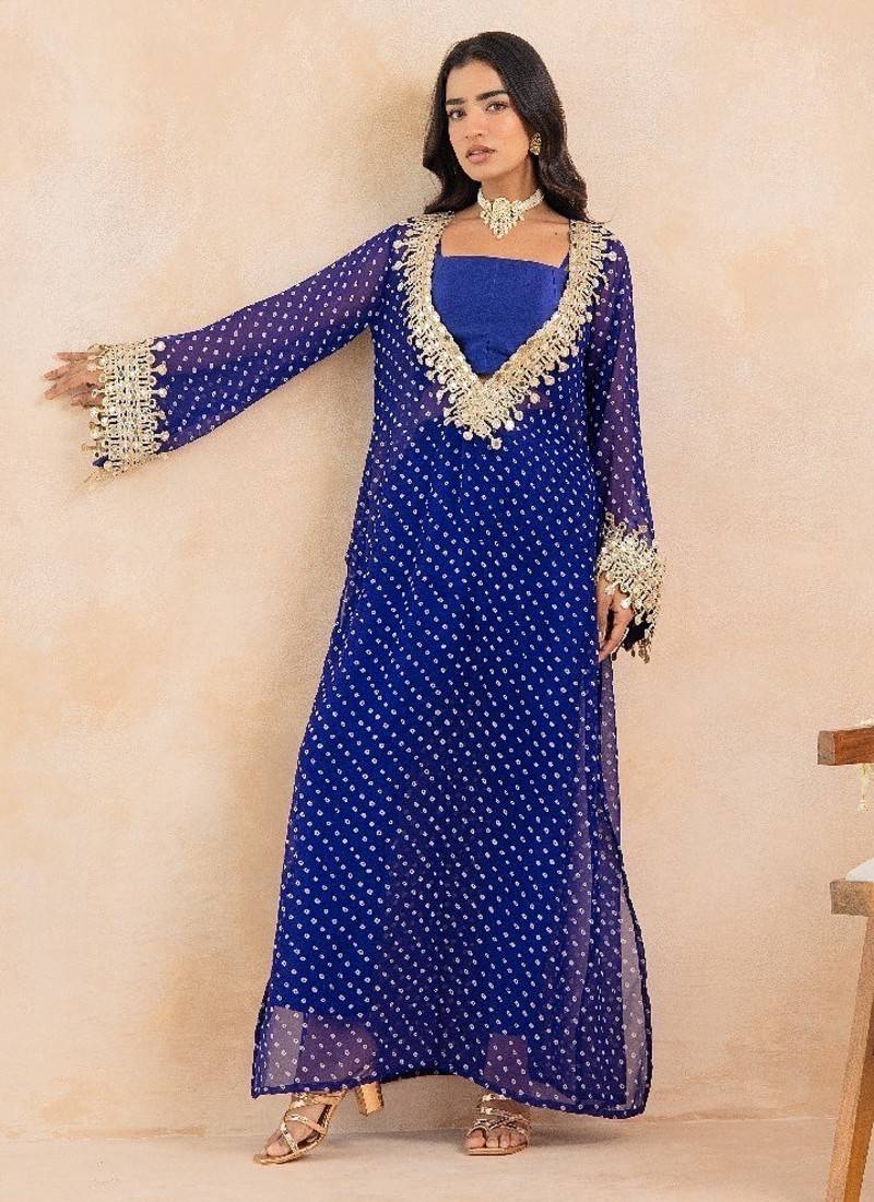 Blue bandhej mirror embroidered kurta set