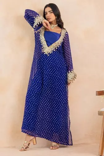 Blue bandhej mirror embroidered kurta set