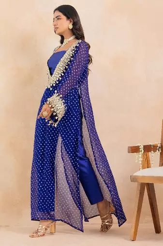 Blue bandhej mirror embroidered kurta set