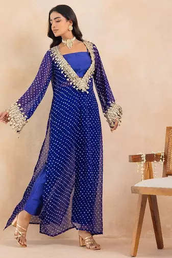 Blue bandhej mirror embroidered kurta set
