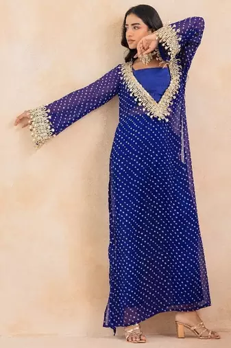 Blue bandhej mirror embroidered kurta set