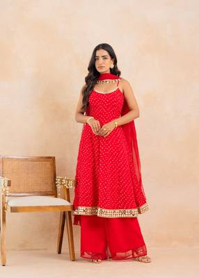 Red bandhej mirror embellished anarkali set with palazzo & dupatta 1