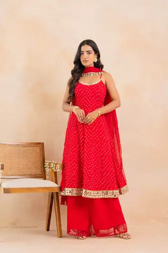 Red bandhej mirror embellished anarkali set with palazzo & dupatta