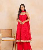Red bandhej mirror embellished anarkali set with palazzo & dupatta