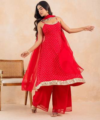 Red bandhej mirror embellished anarkali set with palazzo & dupatta 2