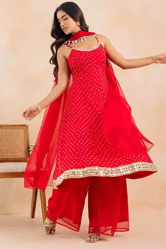 Red bandhej mirror embellished anarkali set with palazzo & dupatta