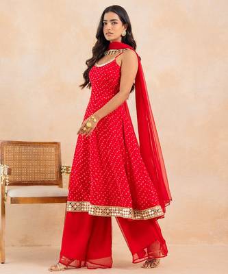 Red bandhej mirror embellished anarkali set with palazzo & dupatta 3