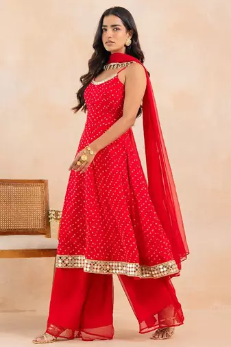 Red bandhej mirror embellished anarkali set with palazzo & dupatta