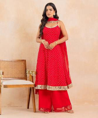 Red bandhej mirror embellished anarkali set with palazzo & dupatta 4