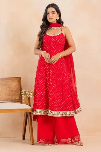 Red bandhej mirror embellished anarkali set with palazzo & dupatta