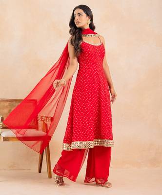 Red bandhej mirror embellished anarkali set with palazzo & dupatta 5