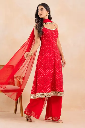 Red bandhej mirror embellished anarkali set with palazzo & dupatta