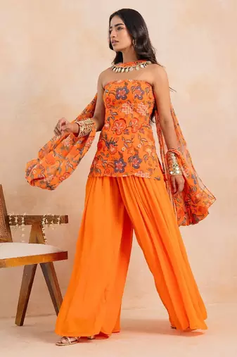 Marigold floral printed tube kurta plazzo set