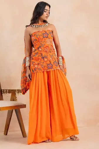 Marigold floral printed tube kurta plazzo set