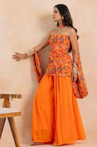 Marigold floral printed tube kurta plazzo set