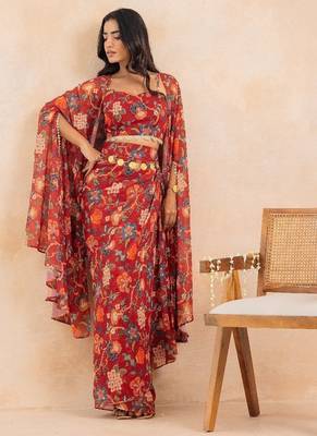 Red floral printed drape skirt set 1