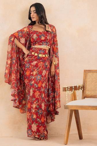 Red floral printed drape skirt set