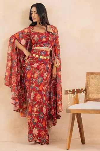 Red floral printed drape skirt set
