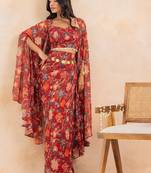 Red floral printed drape skirt set