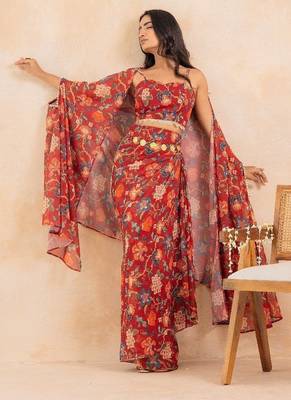 Red floral printed drape skirt set 2