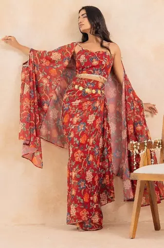 Red floral printed drape skirt set