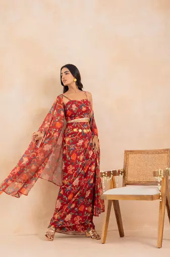 Red floral printed drape skirt set