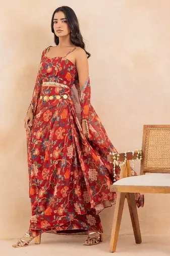 Red floral printed drape skirt set