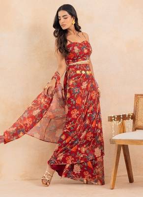 Red floral printed drape skirt set 5