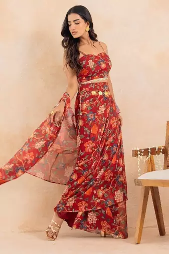 Red floral printed drape skirt set