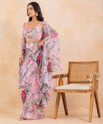 Baby pink floral printed drape skirt set 1