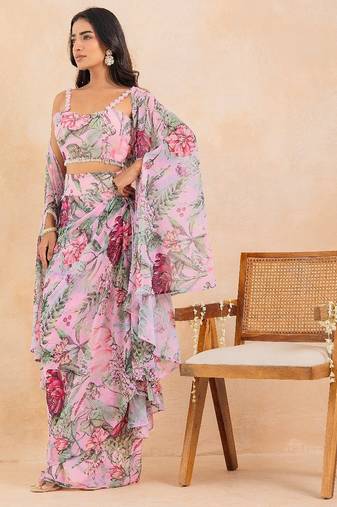 Baby pink floral printed drape skirt set