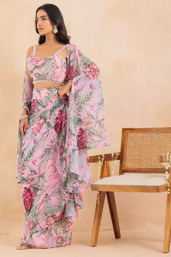 Baby pink floral printed drape skirt set