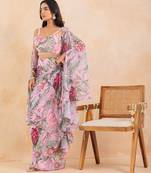 Baby pink floral printed drape skirt set
