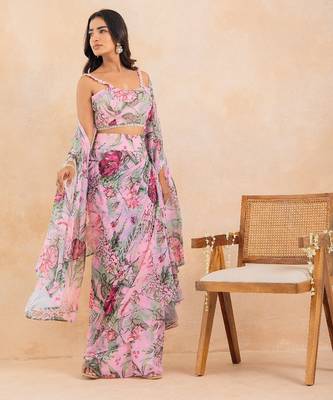 Baby pink floral printed drape skirt set 2