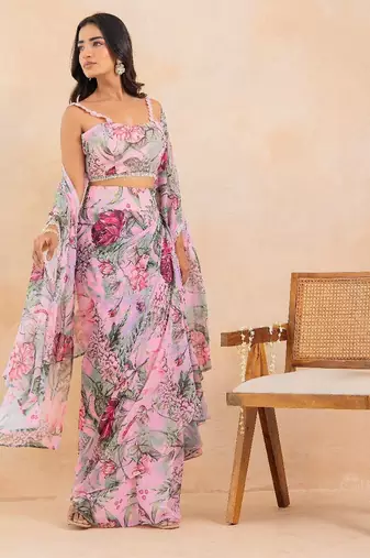 Baby pink floral printed drape skirt set