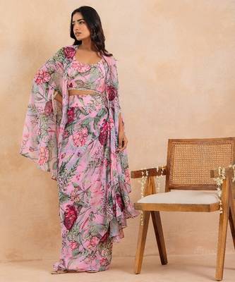 Baby pink floral printed drape skirt set 3