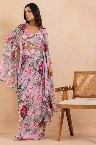 Baby pink floral printed drape skirt set