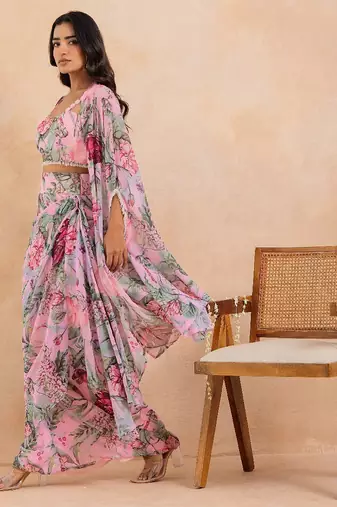 Baby pink floral printed drape skirt set