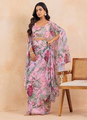 Baby pink floral printed drape skirt set 5