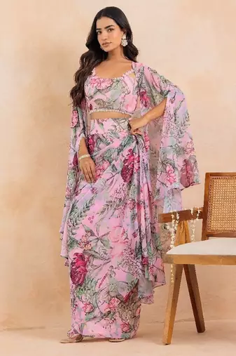 Baby pink floral printed drape skirt set