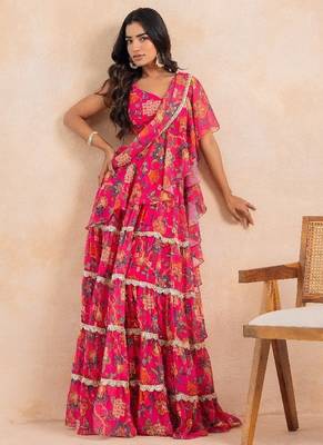Pink floral flared pre-draped saree 1
