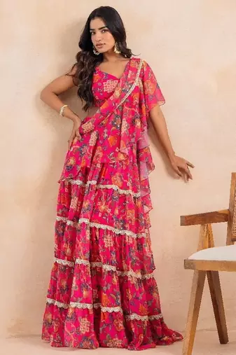 Pink floral flared pre-draped saree