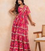 Pink floral flared pre-draped saree