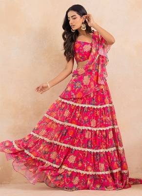 Pink floral flared pre-draped saree 2